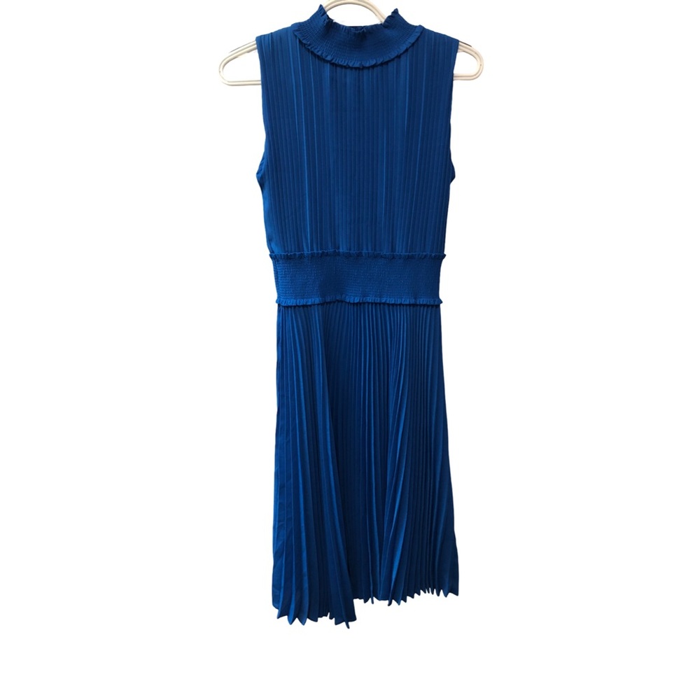 Nanette Lepore Royal Blue Pleated Midi Dress High Smocked Neck and Waist Size 4